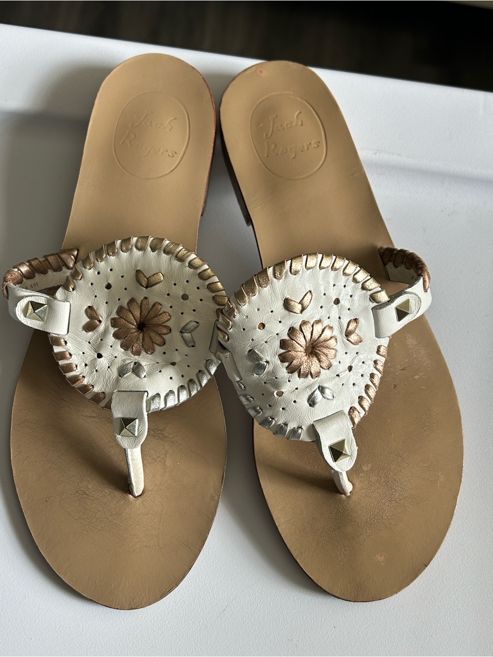 Jack Rogers White Leather Sandals with Tan Footbed